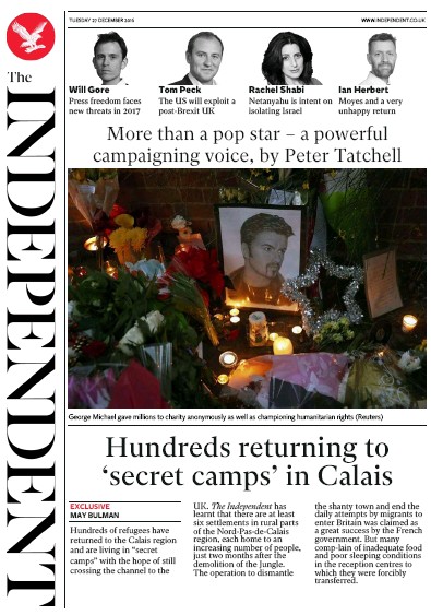 The Independent (UK) Newspaper Front Page for 28 December 2016