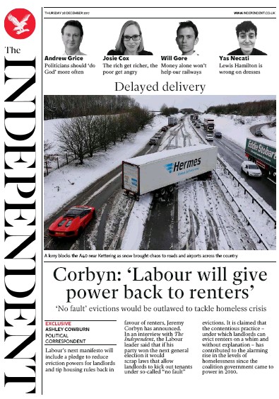 The Independent (UK) Newspaper Front Page for 28 December 2017