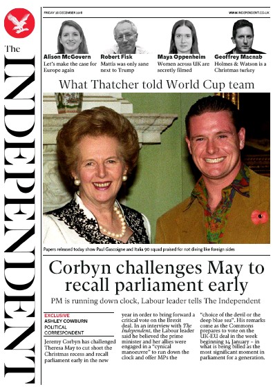The Independent Newspaper Front Page for 28 December 2018
