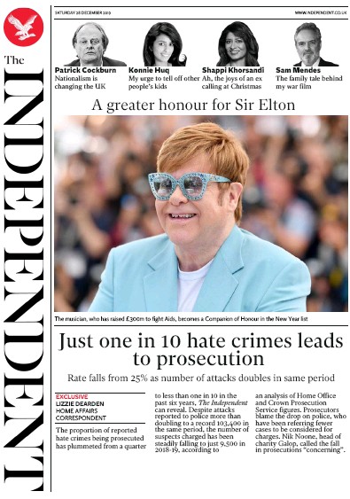 The Independent Newspaper Front Page for 28 December 2019