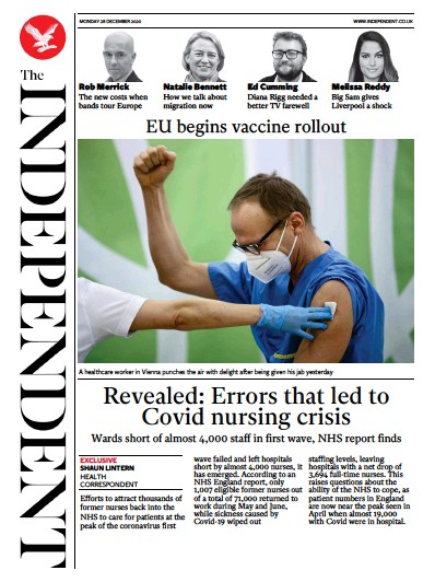 The Independent Newspaper Front Page for 28 December 2020