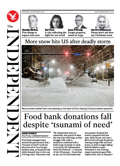 The Independent (UK) Newspaper Front Page for 28 December 2022