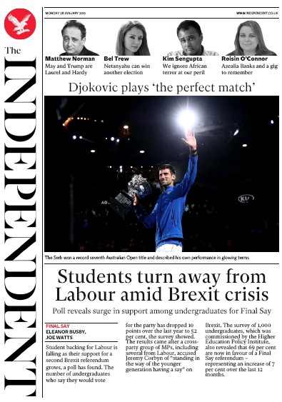 The Independent (UK) Newspaper Front Page for 28 January 2019