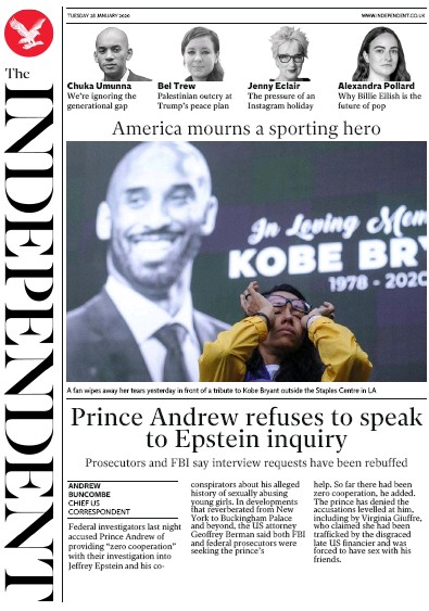 The Independent Newspaper Front Page for 28 January 2020