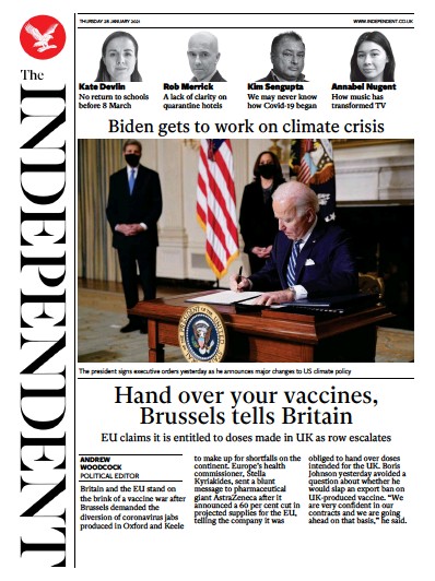 The Independent Newspaper Front Page for 28 January 2021