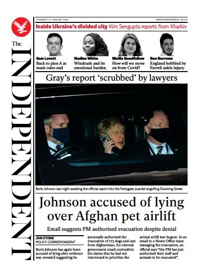 The Independent (UK) Newspaper Front Page for 28 January 2022