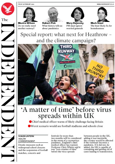 The Independent Newspaper Front Page for 28 February 2020