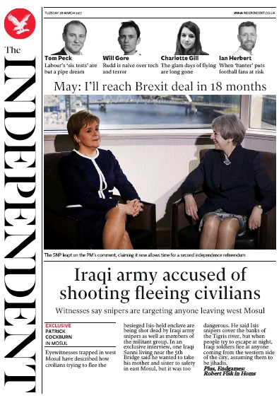 The Independent Newspaper Front Page for 28 March 2017
