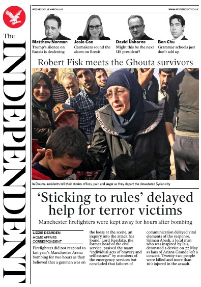 The Independent (UK) Newspaper Front Page for 28 March 2018