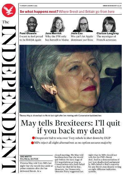 The Independent Newspaper Front Page for 28 March 2019