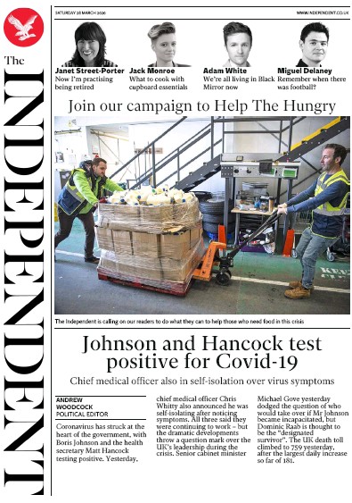 The Independent (UK) Newspaper Front Page for 28 March 2020