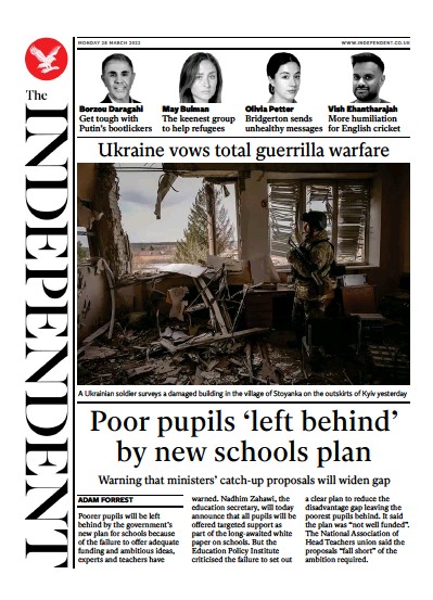 The Independent Newspaper Front Page for 28 March 2022