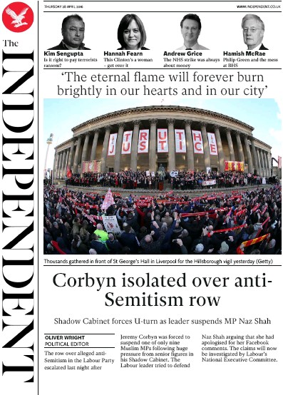The Independent Newspaper Front Page for 28 April 2016