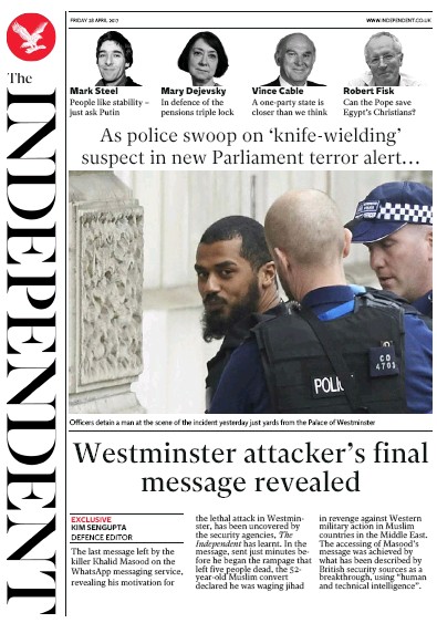 The Independent Newspaper Front Page for 28 April 2017