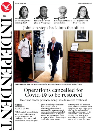 The Independent (UK) Newspaper Front Page for 28 April 2020