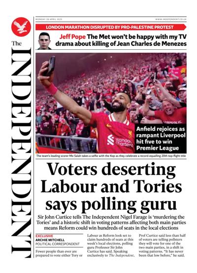 The Independent (UK) Newspaper Front Page for 28 April 2025