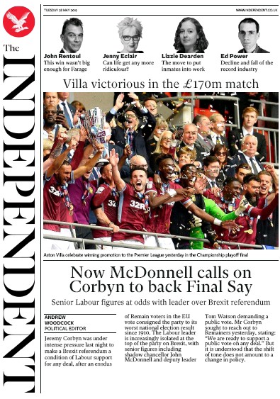 The Independent Newspaper Front Page for 28 May 2019