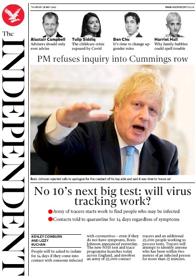 The Independent (UK) Newspaper Front Page for 28 May 2020