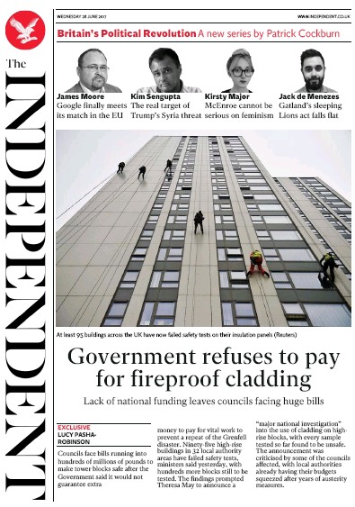 The Independent Newspaper Front Page for 28 June 2017