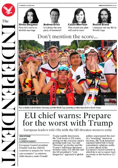 The Independent Newspaper Front Page for 28 June 2018
