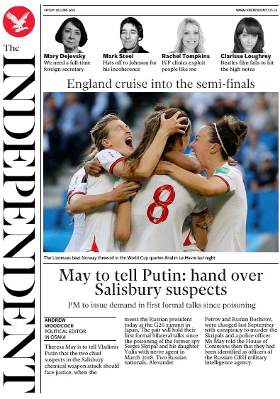 The Independent Newspaper Front Page for 28 June 2019