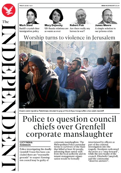 The Independent Newspaper Front Page for 28 July 2017