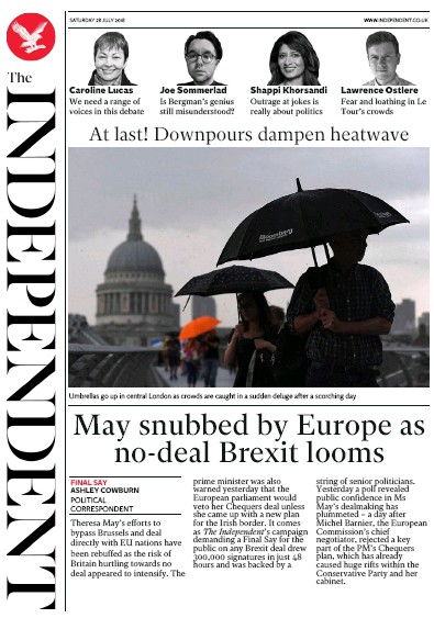 The Independent Newspaper Front Page for 28 July 2018