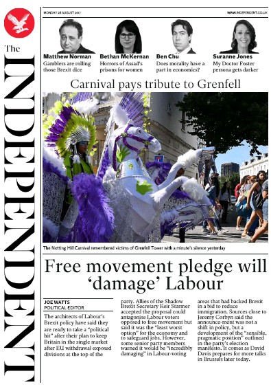 The Independent (UK) Newspaper Front Page for 28 August 2017