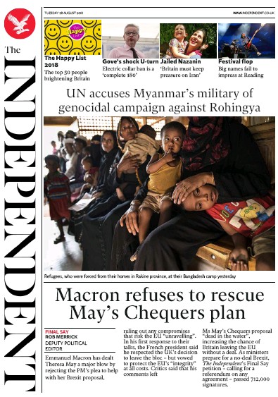 The Independent Newspaper Front Page for 28 August 2018