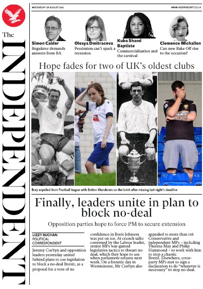 The Independent Newspaper Front Page for 28 August 2019