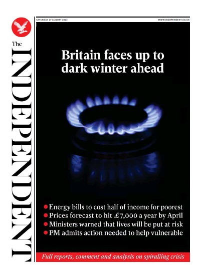 The Independent (UK) Newspaper Front Page for 28 August 2022
