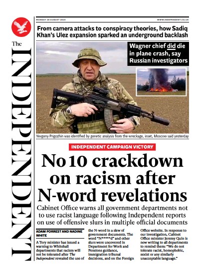 The Independent (UK) Newspaper Front Page for 28 August 2023