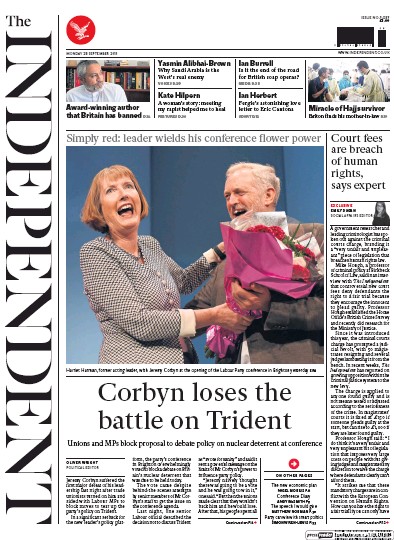 The Independent (UK) Newspaper Front Page for 28 September 2015