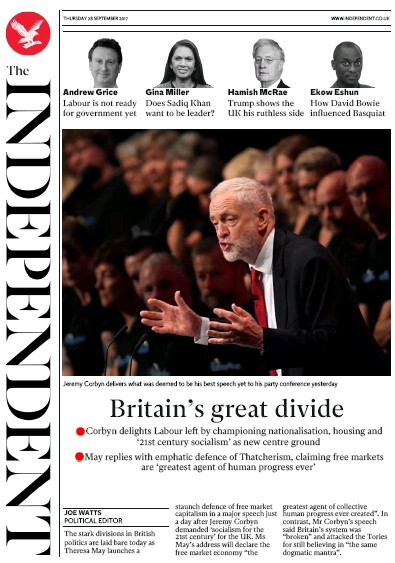 The Independent Newspaper Front Page for 28 September 2017