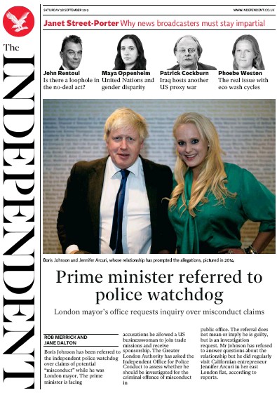 The Independent (UK) Newspaper Front Page for 28 September 2019