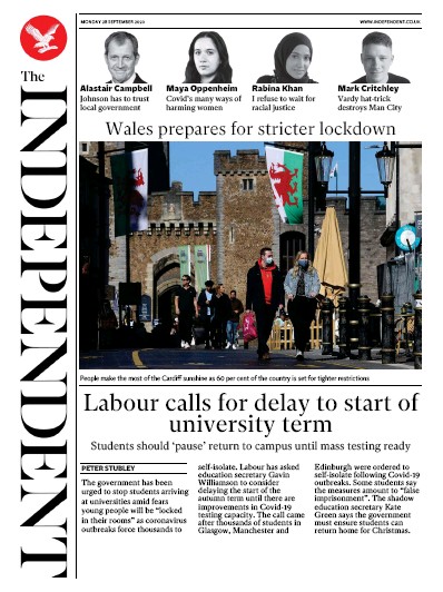 The Independent Newspaper Front Page for 28 September 2020