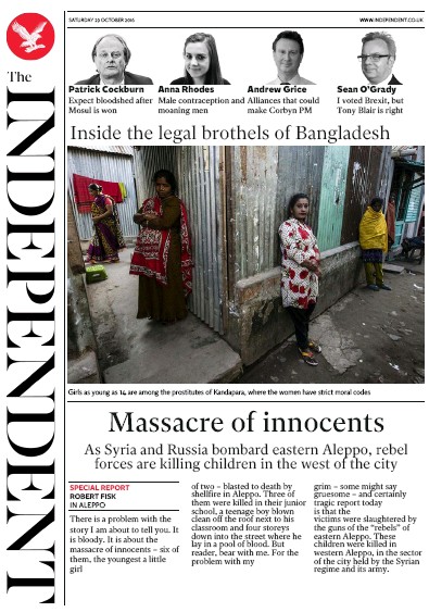 The Independent Newspaper Front Page for 29 October 2016