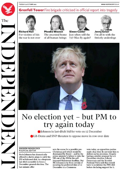 The Independent Newspaper Front Page for 29 October 2019