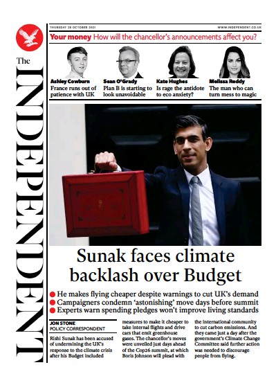 The Independent (UK) Newspaper Front Page for 29 October 2021