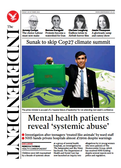 The Independent Newspaper Front Page for 29 October 2022