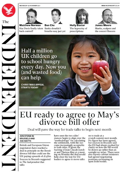 The Independent Newspaper Front Page for 29 November 2017