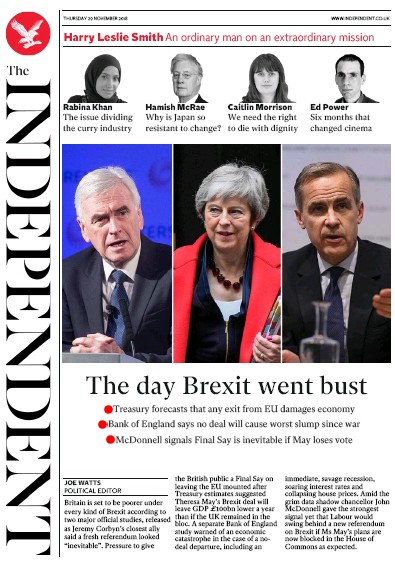 The Independent Newspaper Front Page for 29 November 2018