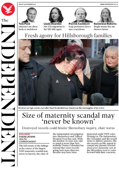 The Independent Newspaper Front Page for 29 November 2019