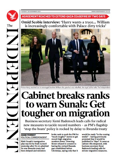 The Independent (UK) Newspaper Front Page for 29 November 2023
