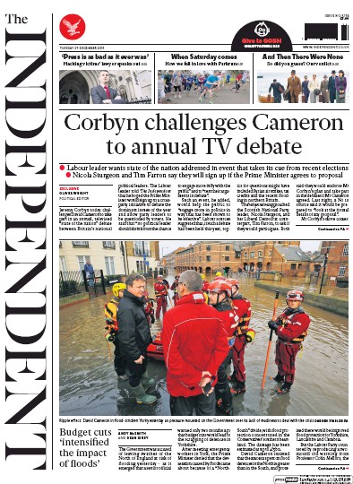 The Independent Newspaper Front Page for 29 December 2015