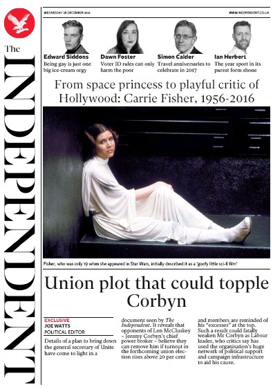 The Independent (UK) Newspaper Front Page for 29 December 2016