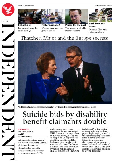 The Independent Newspaper Front Page for 29 December 2017