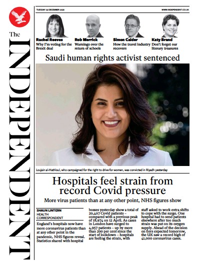 The Independent Newspaper Front Page for 29 December 2020
