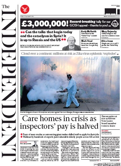 The Independent (UK) Newspaper Front Page for 29 January 2016