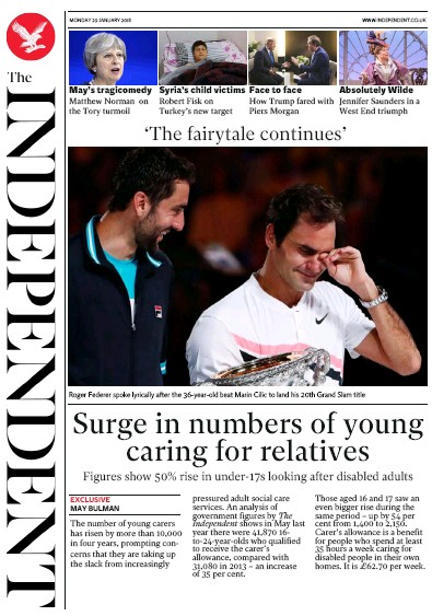 The Independent Newspaper Front Page for 29 January 2018
